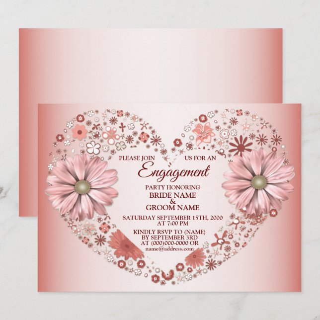Invitación Peach Floral Heart Modern Engagement Party (Anverso / Reverso)