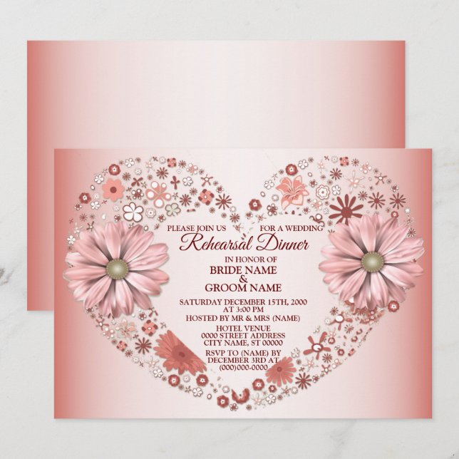 Invitación Peach Floral Heart Modern Wedding Rehearsal Dinner (Anverso / Reverso)