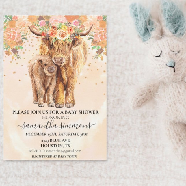 Invitación Peach Floral Highland Cow Calf Baby Shower (Subido por el creador)