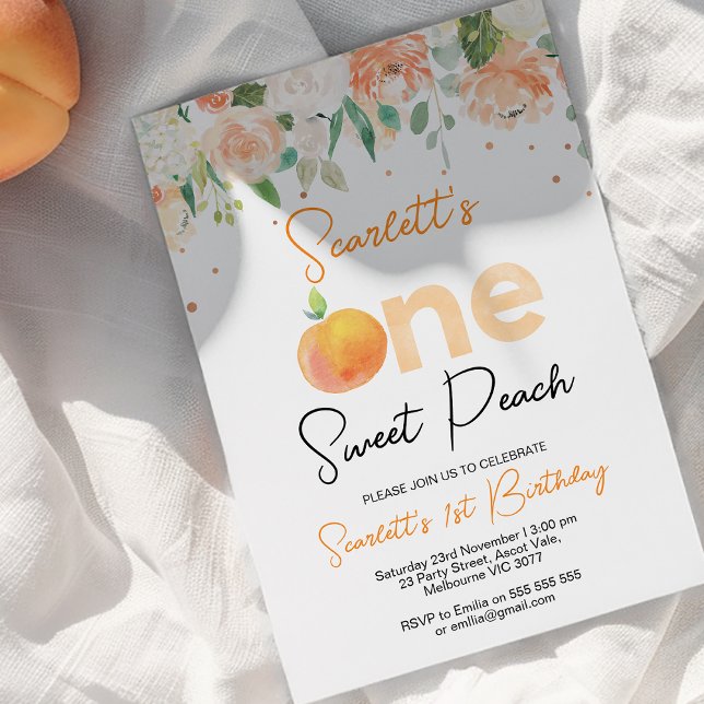 Invitación Peach Floral Peach Colored (Girls Our Sweet Peach 1st Birthday Invitations, One Little Peach invite, Girls Peach Party Invite)