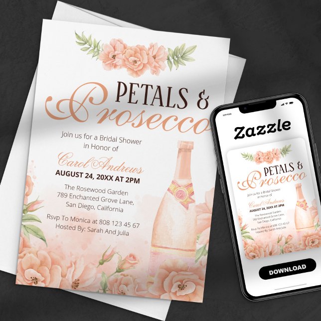 Invitación Peach Floral Petales y Prosecco Bridal Shower (Subido por el creador)