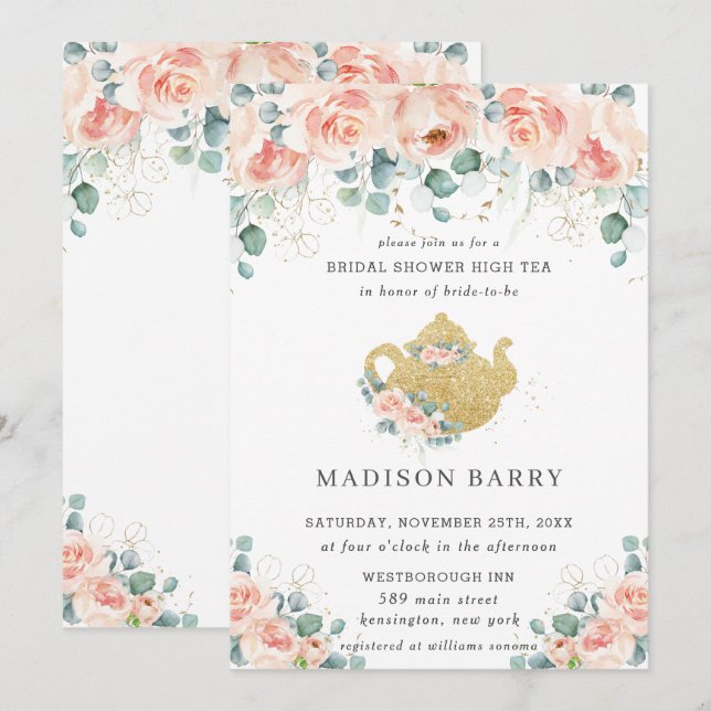 Invitación Peach Floral Rosa Greenery Bridal Shower Fiesta de (Anverso / Reverso)