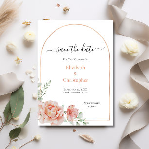 Invitación Peach Floral Rose Gold Arco Boda Save the Date