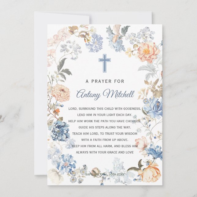 Invitación Peach floral Rubor Blue Baptism Prayer (Anverso)