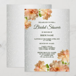 Invitación Peach Floral Silver Glitter Elegant Bridal Shower