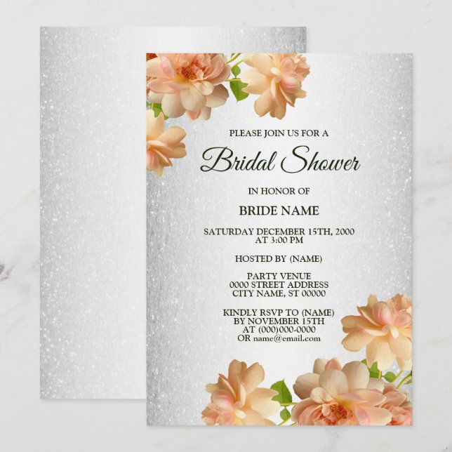 Invitación Peach Floral Silver Glitter Elegant Bridal Shower (Anverso / Reverso)