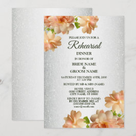 Invitación Peach Floral Silver Glitter Rehearsal Dinner