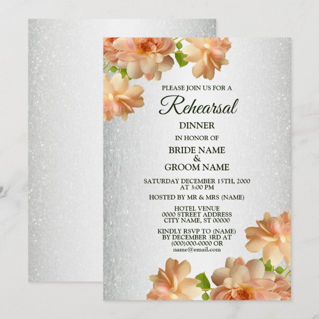 Invitación Peach Floral Silver Glitter Rehearsal Dinner (Anverso / Reverso)