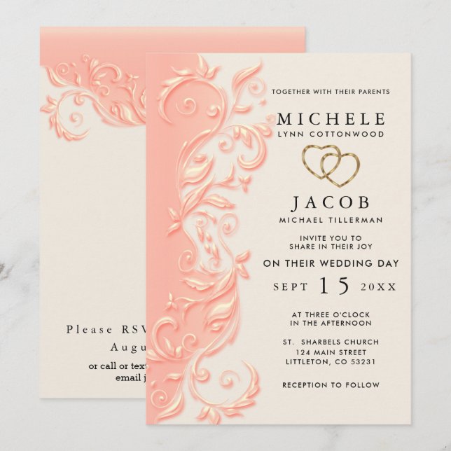 Invitación Peach Floral Swirl Boda y RSVP (Anverso / Reverso)
