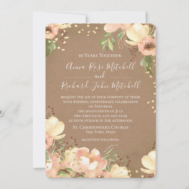 Invitación Peach Floral Watercolor 50° Aniversario Boda (Anverso)