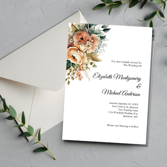 Invitación Peach Floral Watercolor Botánico Elegante Boda (Peach Floral Flowers Greenery Botanical Watercolor Modern Elegant Wedding Invitation)