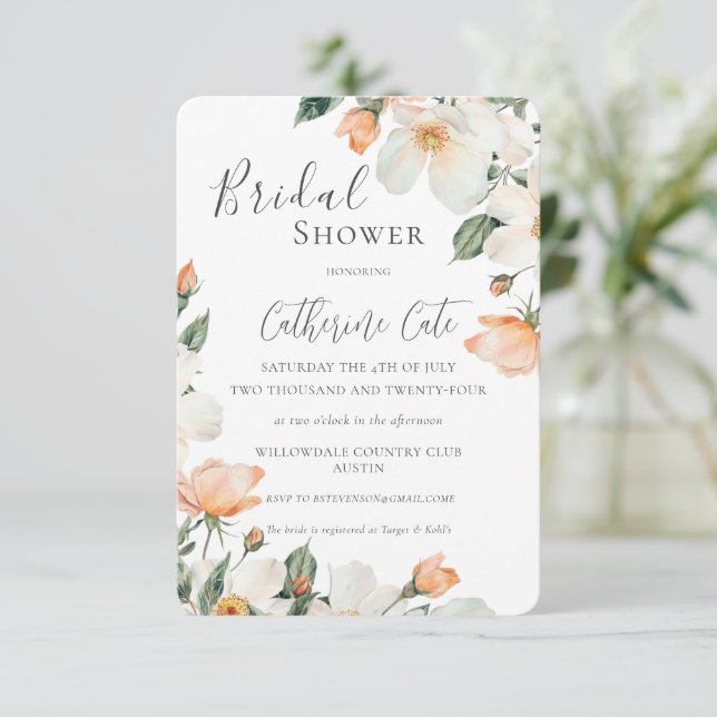 Invitación Peach Floral Watercolor Bridal Shower (Anverso de pie)