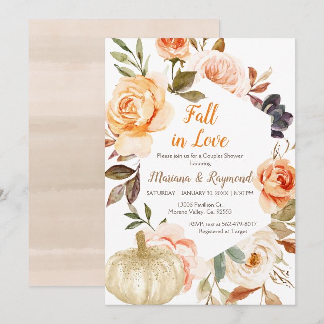 Invitación Peach Floral White Purpurina Pumpkin Parejas Ducha (Anverso / Reverso)