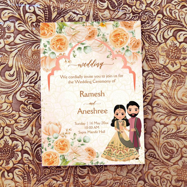 Invitación Peach flowers Indian couple wedding invite templat (Subido por el creador)