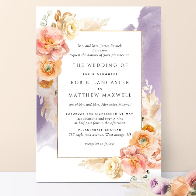 Invitación Peach formal, Rubor, Boda de acuarela de lavanda (Subido por el creador)