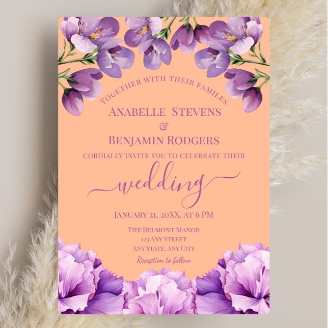 Invitación Peach Fuzz and Lilac Floral con Boda de código QR (Subido por el creador)