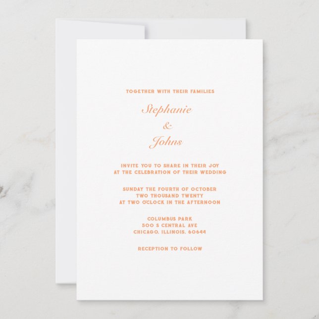 Invitación Peach Fuzz Apricot Boda Mínimo Elegante Blanco (Anverso)