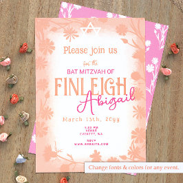 Invitación Peach Fuzz, Flores Pink Wild Bat Mitzvah