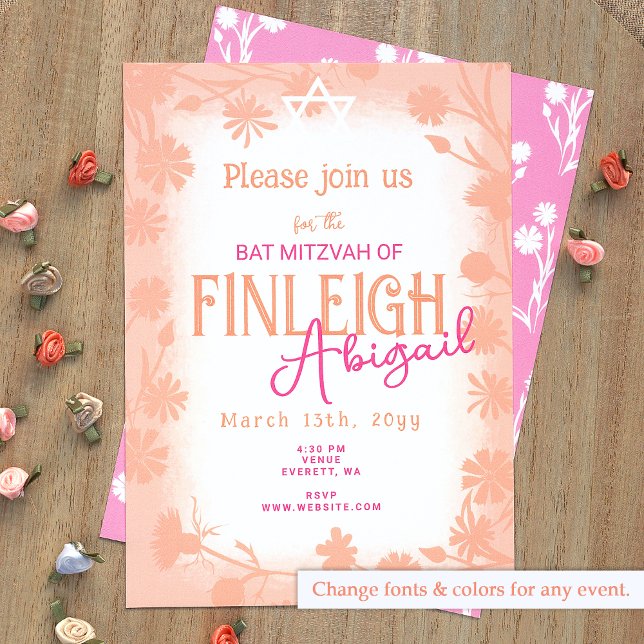 Invitación Peach Fuzz, Flores Pink Wild Bat Mitzvah (Peach, Pink Bat Mitzvah Invitation with Floral Border, Chic Wild Flower Design)