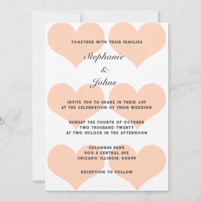 Invitación Peach Fuzz Heart Pattern Elegante Boda romántico (Anverso)