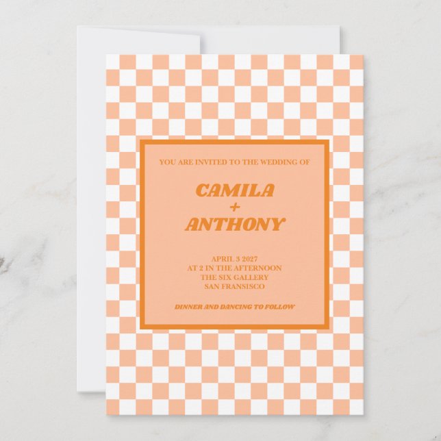 Invitación Peach Fuzz Naranja Checkered Gingham Pattern (Anverso)