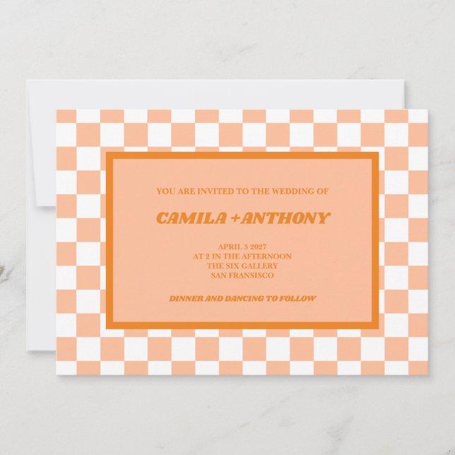 Invitación Peach Fuzz Naranja Checkered Gingham Pattern (Anverso)