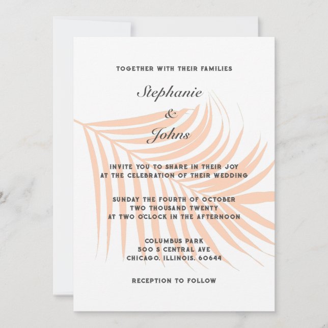 Invitación Peach Fuzz Palm Tree Tropical Leaf Boda con clase (Anverso)