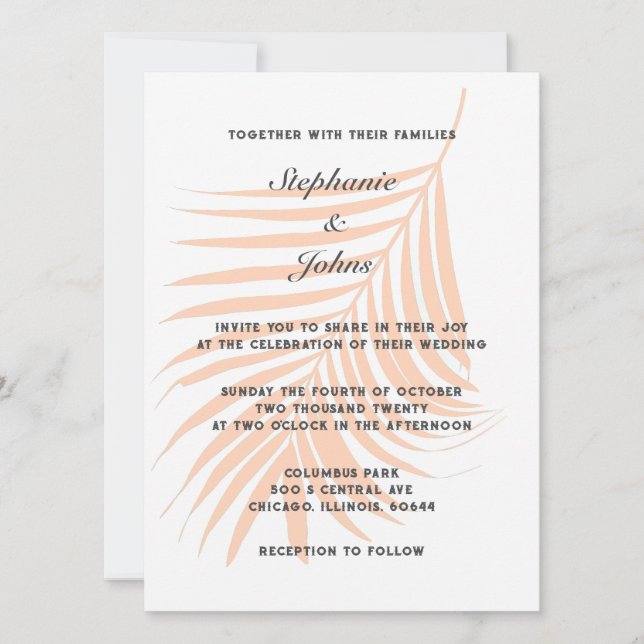 Invitación Peach Fuzz Palm Tree Tropical Leaf Elegante Boda (Anverso)