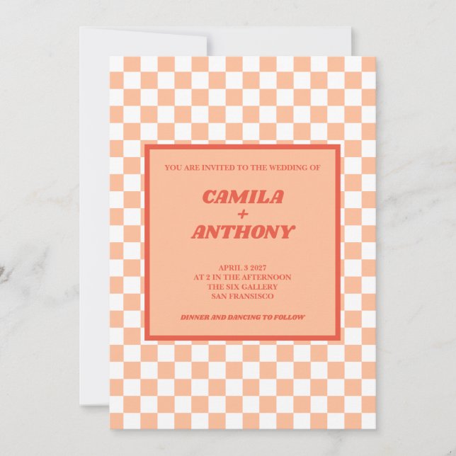 Invitación Peach Fuzz Red Checkered Gingham Pattern Wedding (Anverso)
