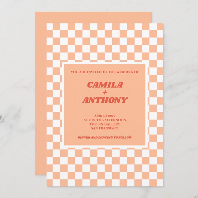 Invitación Peach Fuzz Red Checkered Gingham Pattern Wedding (Anverso / Reverso)