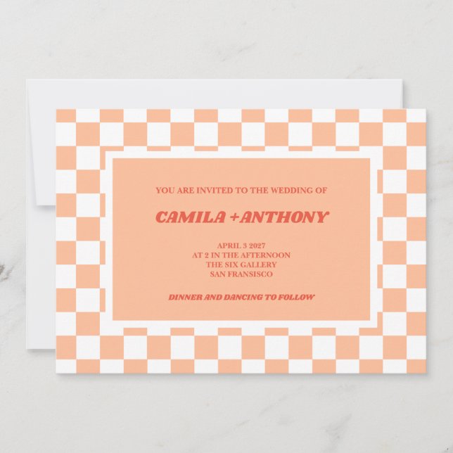 Invitación Peach Fuzz Red Checkered Gingham Pattern Wedding (Anverso)