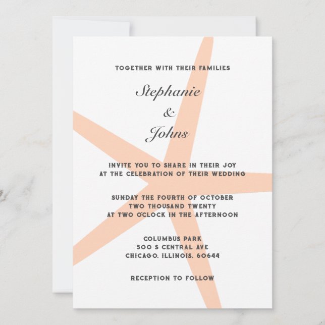 Invitación Peach Fuzz Starfish Tropical Beach Elegant Wedding (Anverso)