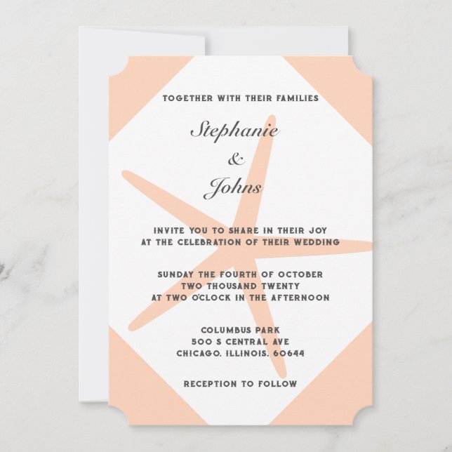 Invitación Peach Fuzz Starfish Tropical Coral Beach Wedding (Anverso)