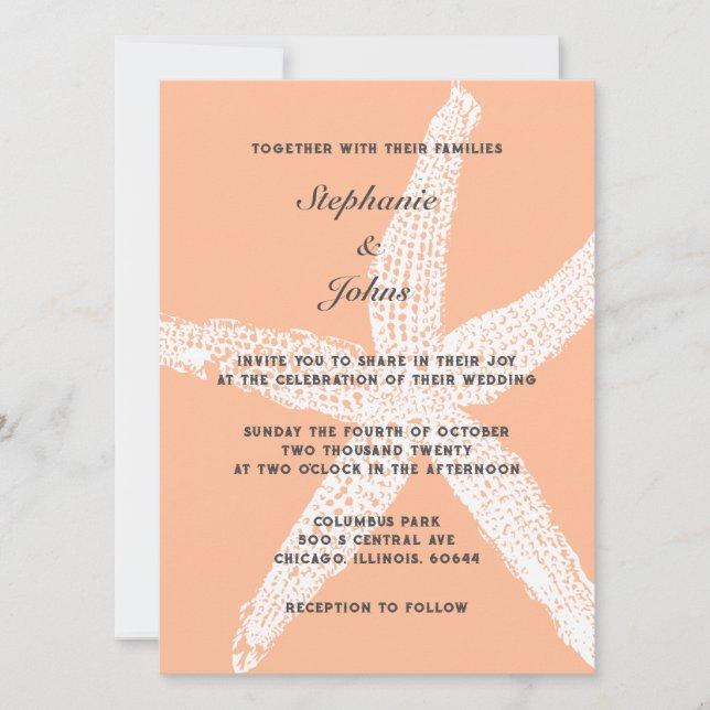 Invitación Peach Fuzz Starfish White Tropical Beach Wedding (Anverso)