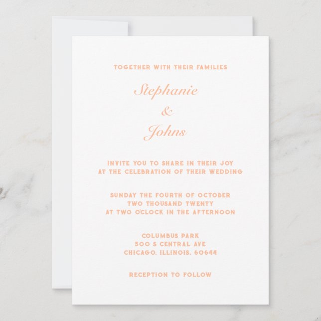 Invitación Peach Fuzz White Elegant Simple Boda Mínimo (Anverso)