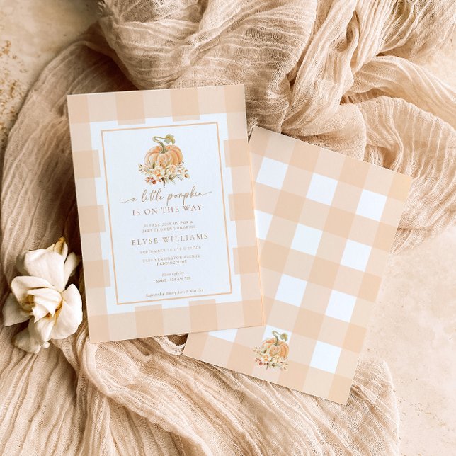 Invitación Peach Gingham A Little Pumpkin Baby (A Little Pumpkin Is on The Way Fall Baby Shower Invitation. Peach Gingham)
