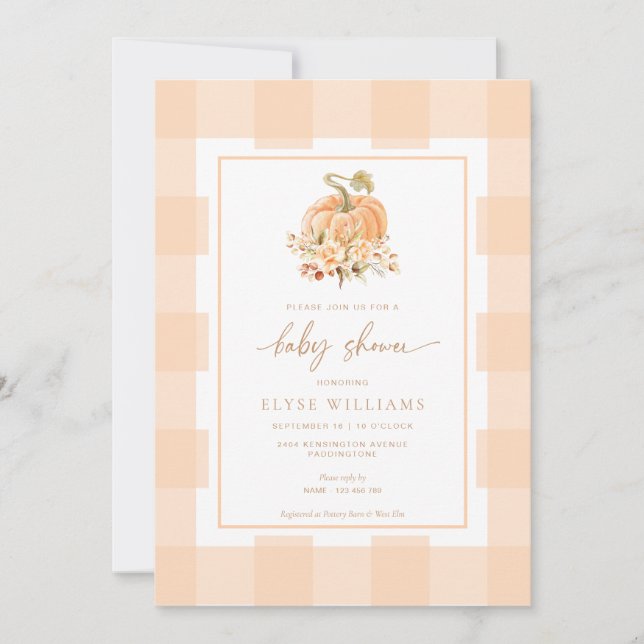 Invitación Peach Gingham A Little Pumpkin Baby Shower (Anverso)