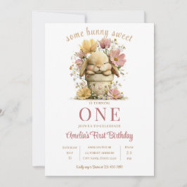 Invitación Peach Gingham Bunny 1st Birthday Invite with Scall