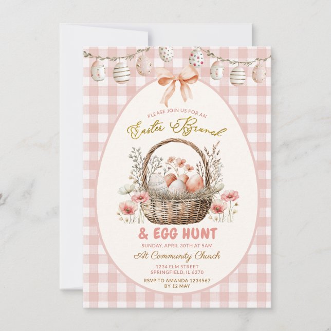 Invitación Peach Gingham Floral Easter Brunch and Egg Hunt (Anverso)