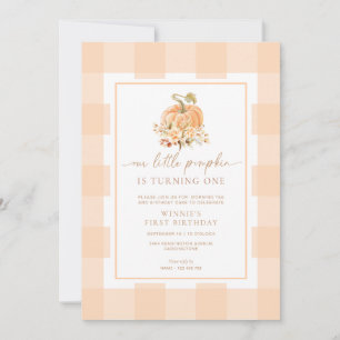Invitación Peach Gingham Un Pequeño Calabaza Primer Cumpleaño