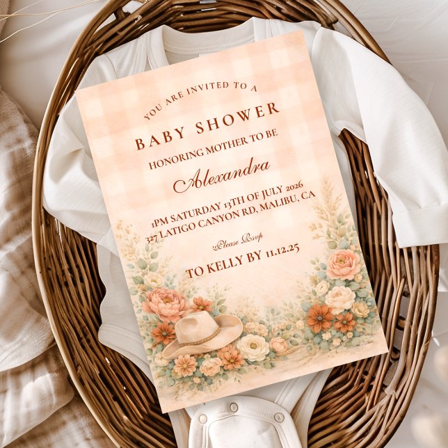 Invitación Peach Gingham Western Floral Baby Shower (Subido por el creador)