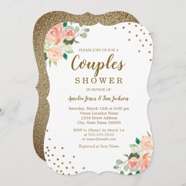 Invitación Peach Gold Floral Confetti Boda Parejas Ducha (Anverso / Reverso)