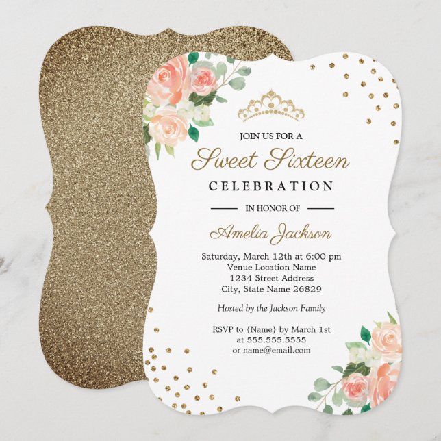 Invitación Peach Gold Floral Confetti Sweet 16 Invitados (Anverso / Reverso)