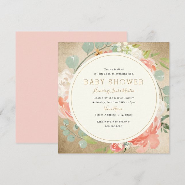 Invitación Peach Gold Sparkle Wreath Floral Baby Shower (Anverso / Reverso)