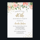 Invitación Peach Gold Watercolor Floral 40th Birthday Fiesta<br><div class="desc">Más invitaciones florales de cumpleaños en la Pequeña Tienda Bayleigh!</div>
