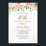 Invitación Peach Gold Watercolor Floral 40th Birthday Fiesta<br><div class="desc">Más invitaciones florales de cumpleaños en la Pequeña Tienda Bayleigh!</div>