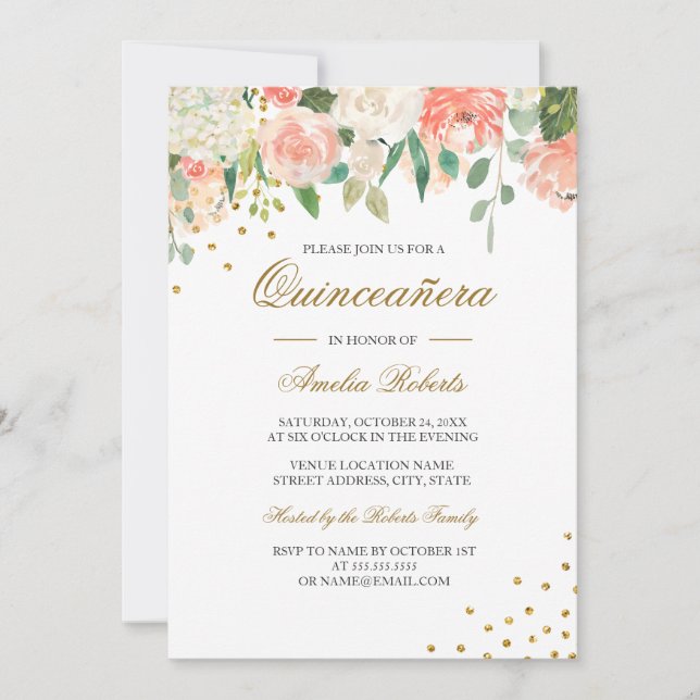 Invitación Peach Gold Watercolor Floral Quinceanera (Anverso)