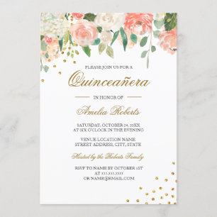 Invitación Peach Gold Watercolor Floral Quinceanera