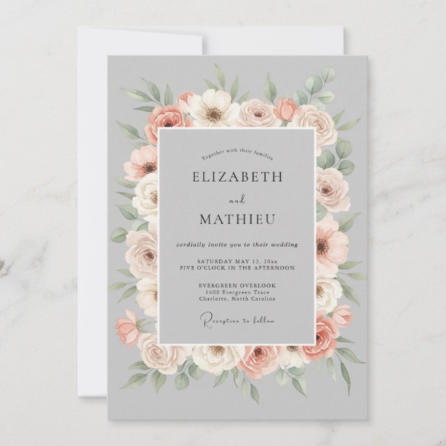 Invitación Peach Gray Floral Romance Wedding (Anverso)