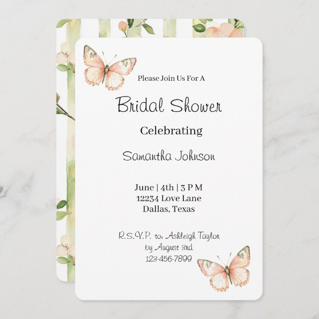 Invitación Peach Green Butterflies Floral Bridal Shower   (Anverso / Reverso)